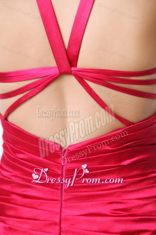 A-line Red Halter Top Neck Beading Prom Dress with Court Train