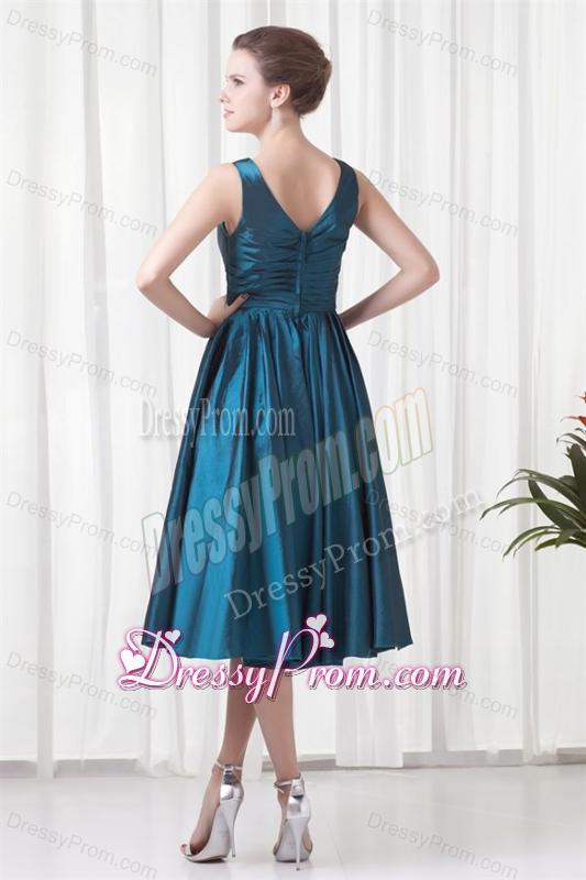 A-line V-neck Teal Taffeta Ruching Knee-length Prom Dress