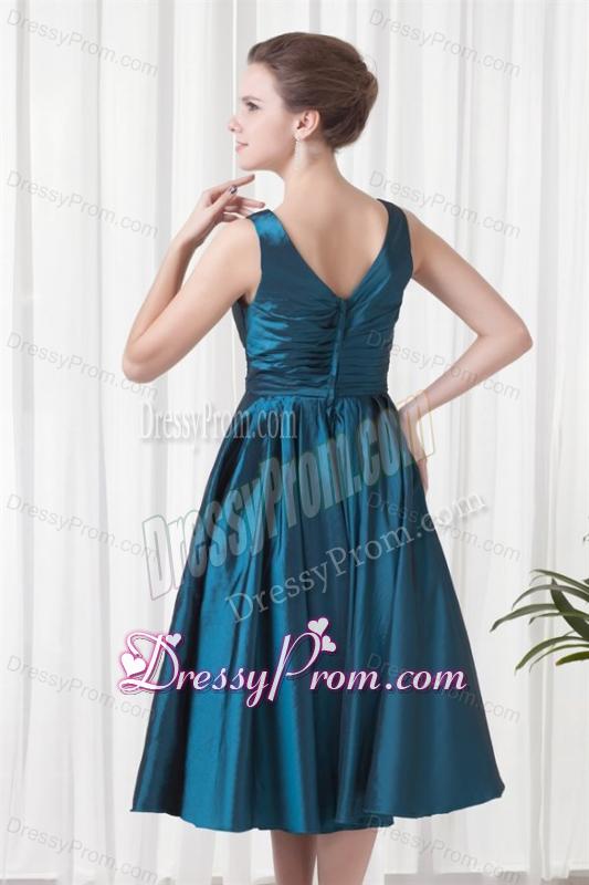 A-line V-neck Teal Taffeta Ruching Knee-length Prom Dress