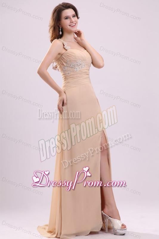 Champagen High Slit One Shoulder Prom Dress with Appliques and Beading