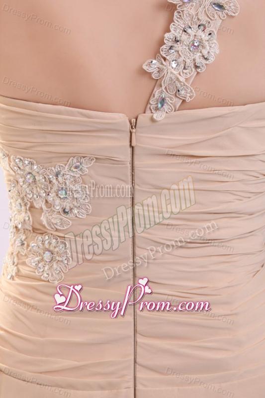 Champagen High Slit One Shoulder Prom Dress with Appliques and Beading