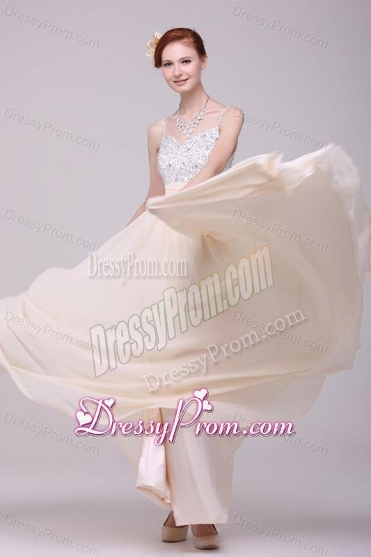 Champagne Spaghetti Straps Empire Chiffon Beaded Decorate Prom Dress