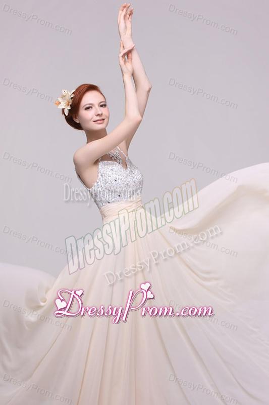 Champagne Spaghetti Straps Empire Chiffon Beaded Decorate Prom Dress