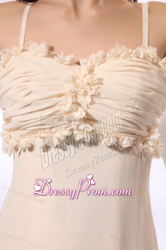 Champagne Straps High-low Empire Chiffon Hand Made Flowers Prom Dress
