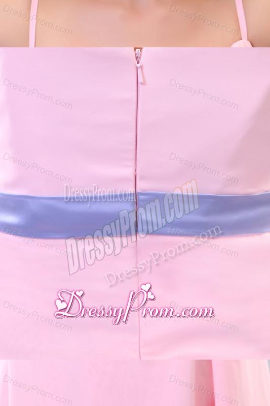 Cheap Baby Pink Spaghetti Straps High-low Prom Dress with Lavender Sash