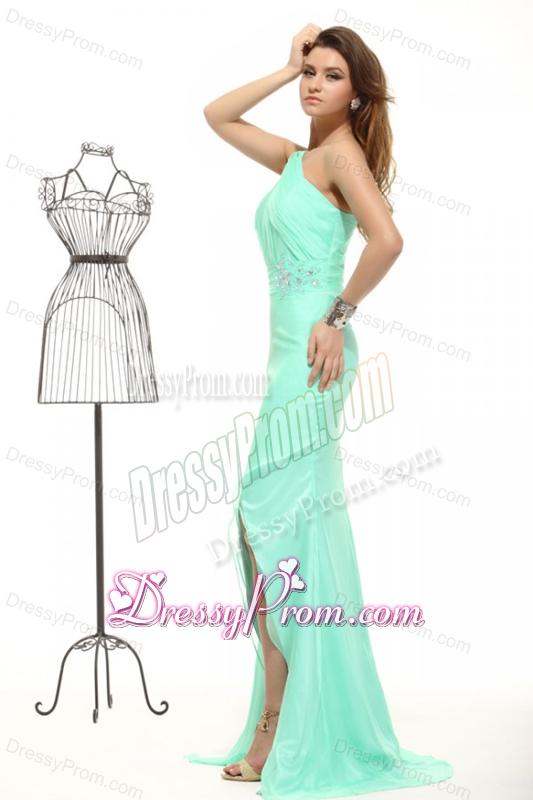 Column Apple Green High Slit One Shoulder Chiffon Beading Prom Dress