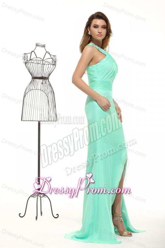 Column Apple Green High Slit One Shoulder Chiffon Beading Prom Dress