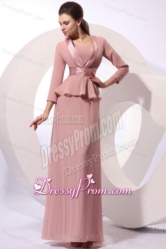 Column Square Long Ruching Pink Chiffon Floor-length Prom Dress