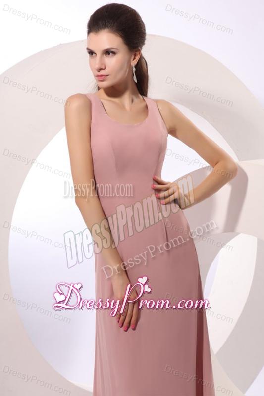 Column Square Long Ruching Pink Chiffon Floor-length Prom Dress