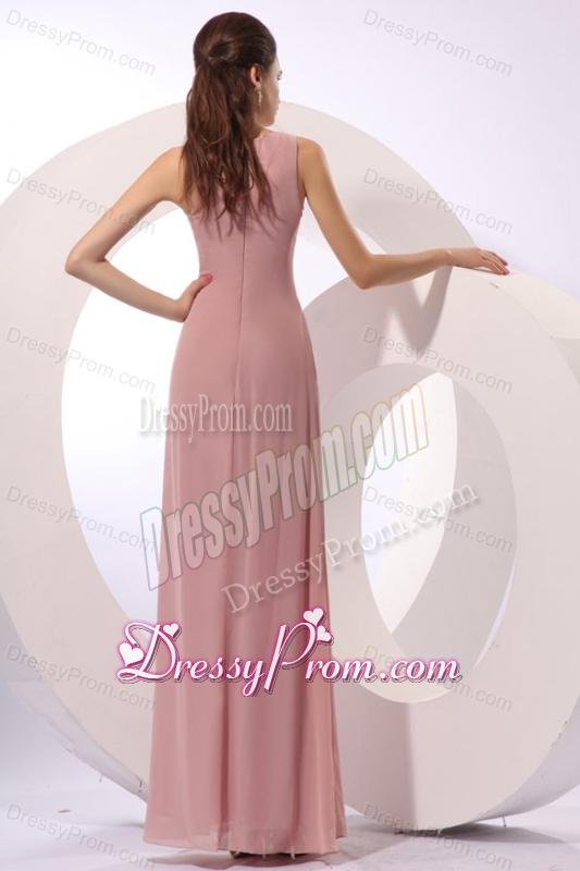Column Square Long Ruching Pink Chiffon Floor-length Prom Dress