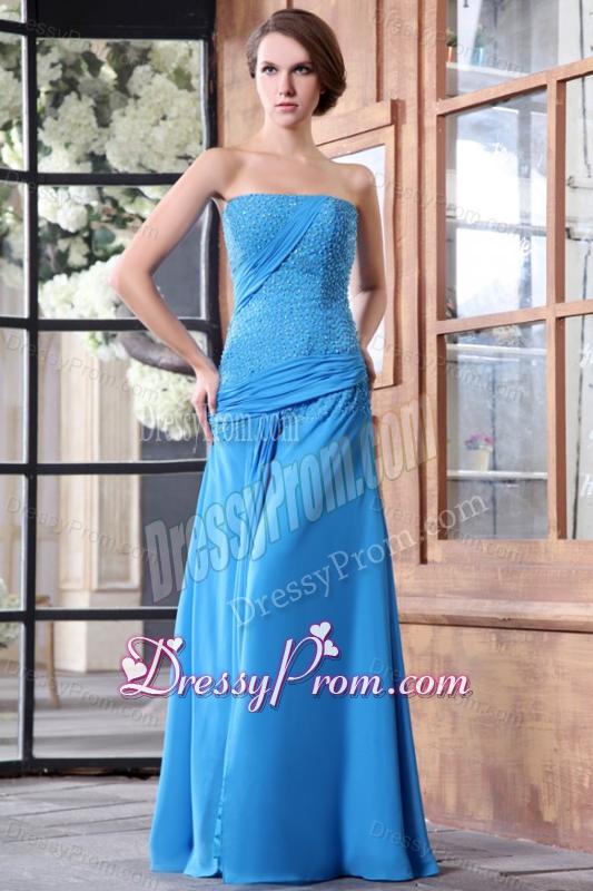 Empire Blue Strapless Beading and Ruchng Chiffon High Slit Long Prom Dress