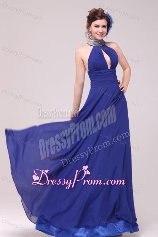 Empire Halter Top Neck Beaded Decorate Brush Train Prom Dress