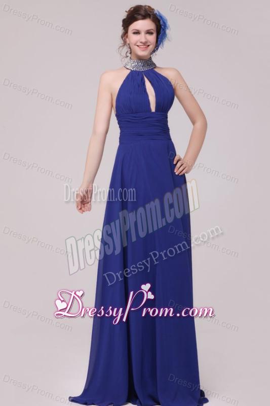 Empire Halter Top Neck Beaded Decorate Brush Train Prom Dress