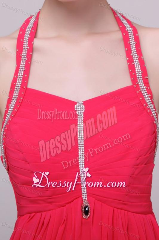 Empire Halter Top Neck Red Beading Ankle-length Prom Dress