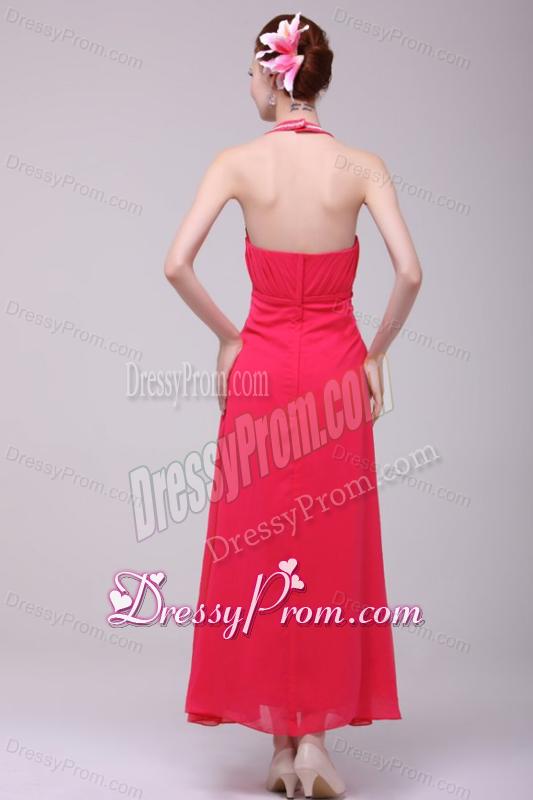 Empire Halter Top Neck Red Beading Ankle-length Prom Dress