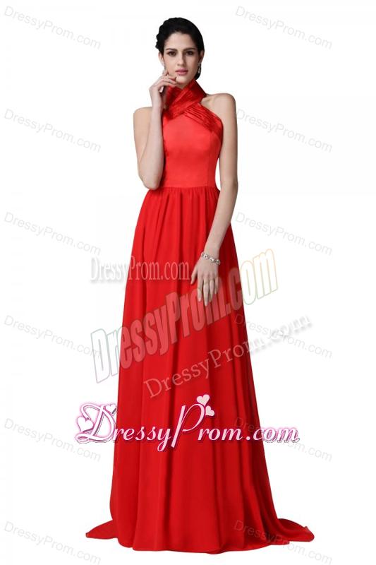 Empire Halter Top Ruching Red Chiffon Prom Dress