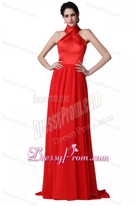 Empire Halter Top Ruching Red Chiffon Prom Dress