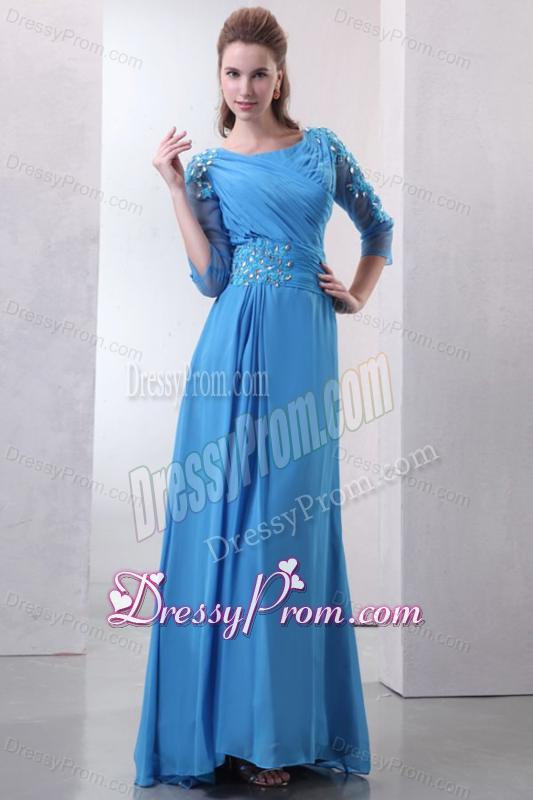 Empire Scoop Appliques with Beading 3/4 Sleeves Teal Prom Dress
