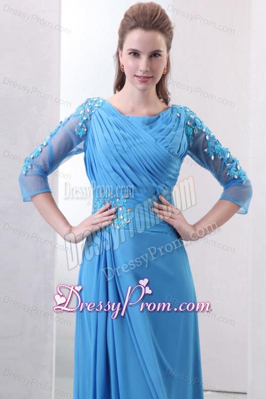 Empire Scoop Appliques with Beading 3/4 Sleeves Teal Prom Dress