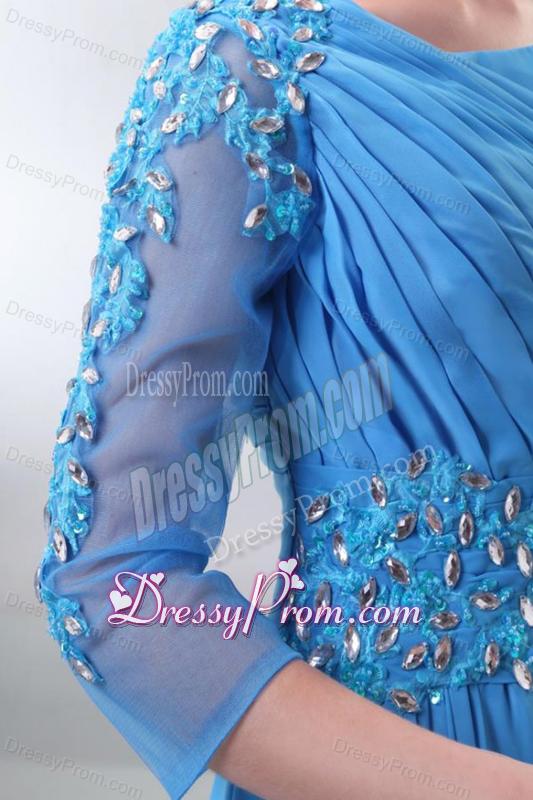 Empire Scoop Appliques with Beading 3/4 Sleeves Teal Prom Dress