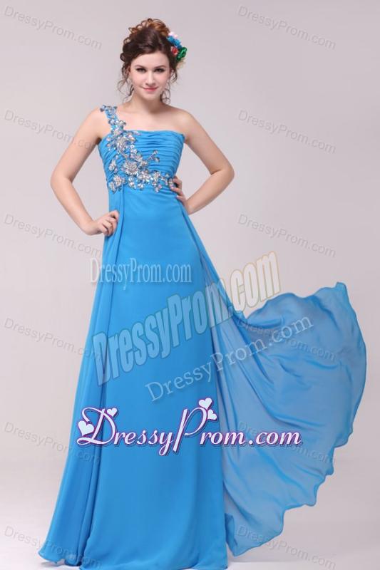 One Shoulder Empire Full Length Teal Prom Dress with Appliques