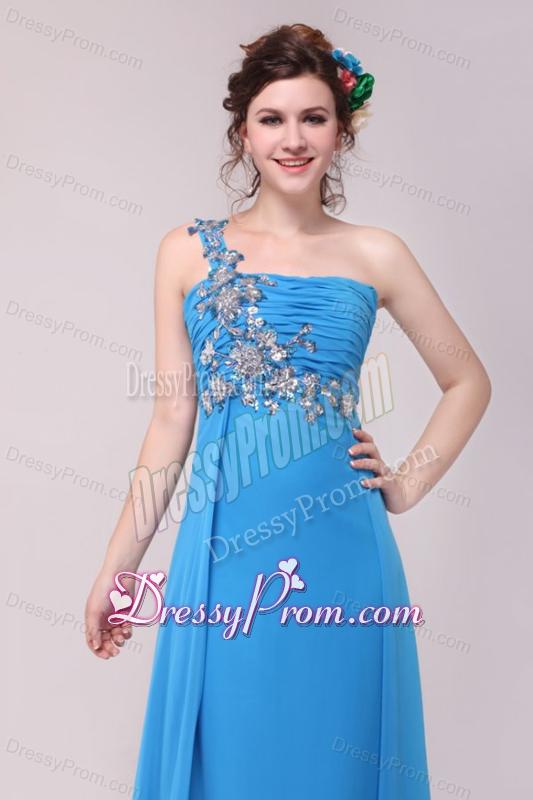 One Shoulder Empire Full Length Teal Prom Dress with Appliques