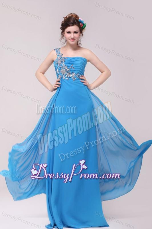 One Shoulder Empire Full Length Teal Prom Dress with Appliques
