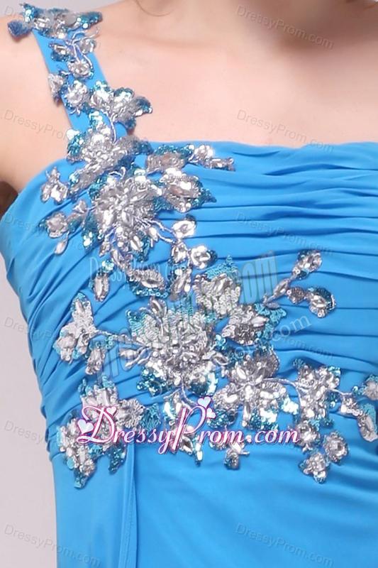 One Shoulder Empire Full Length Teal Prom Dress with Appliques