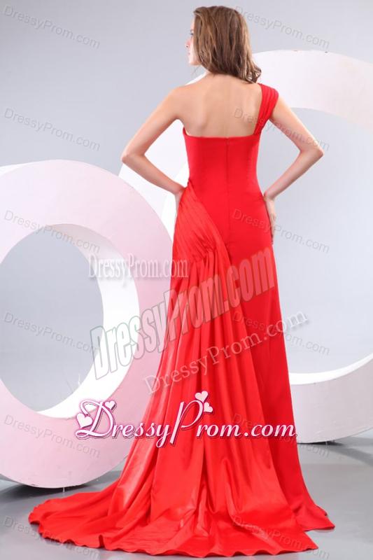 One Shoulder Red Ruche Watteau Train Prom Dress for Evening Party