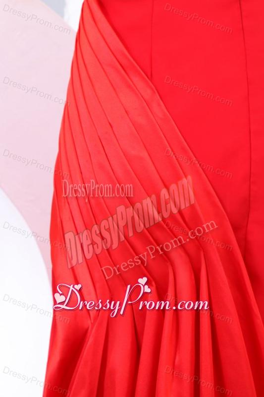 One Shoulder Red Ruche Watteau Train Prom Dress for Evening Party