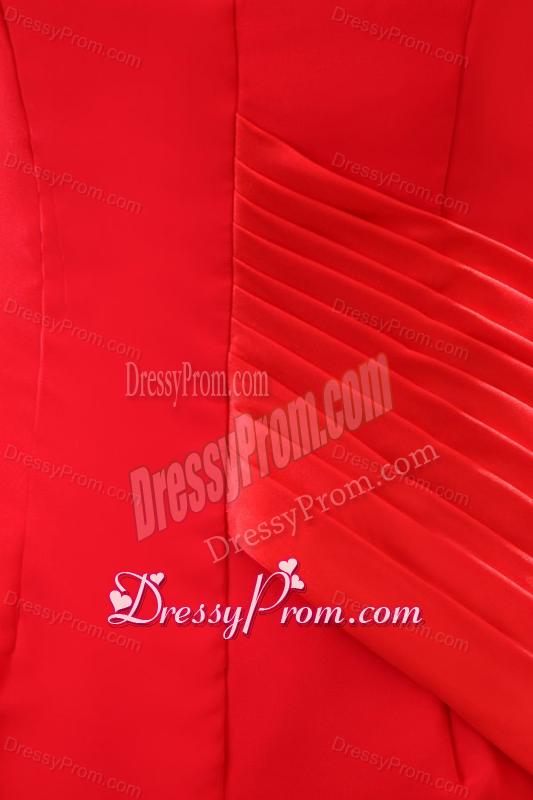 One Shoulder Red Ruche Watteau Train Prom Dress for Evening Party