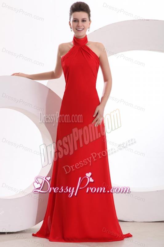 Red Halter Top Neck Empire Chiffon Ruche Prom Dress with Sweep Train