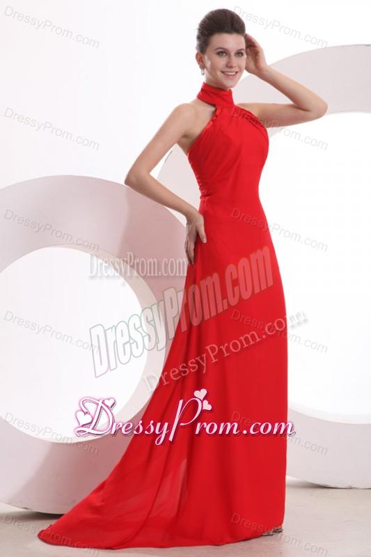 Red Halter Top Neck Empire Chiffon Ruche Prom Dress with Sweep Train