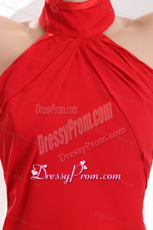 Red Halter Top Neck Empire Chiffon Ruche Prom Dress with Sweep Train