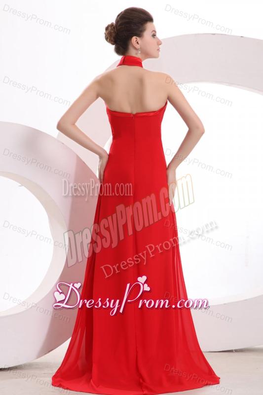 Red Halter Top Neck Empire Chiffon Ruche Prom Dress with Sweep Train