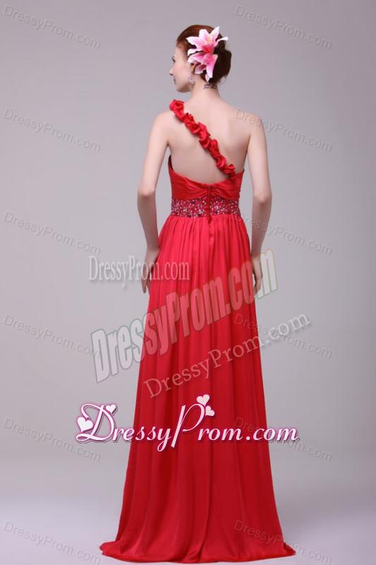 Red One Shoulder Beading and Flowers Brush Train Prom Dress
