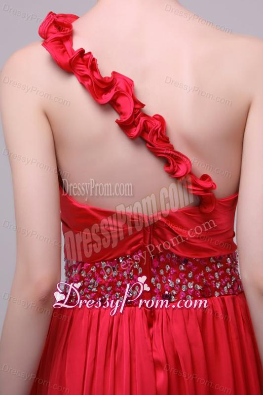 Red One Shoulder Beading and Flowers Brush Train Prom Dress