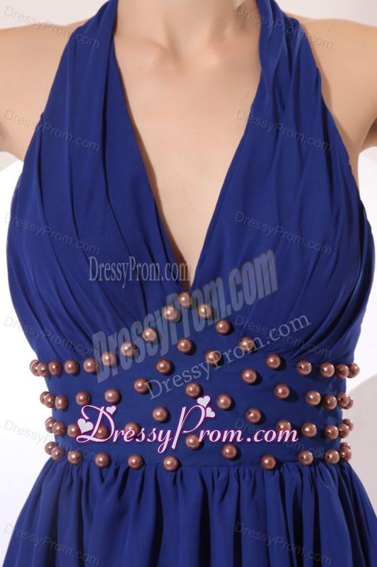 Royal Blue Halter Top Knee-length Prom Dress with Beading