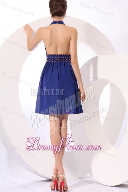 Royal Blue Halter Top Knee-length Prom Dress with Beading