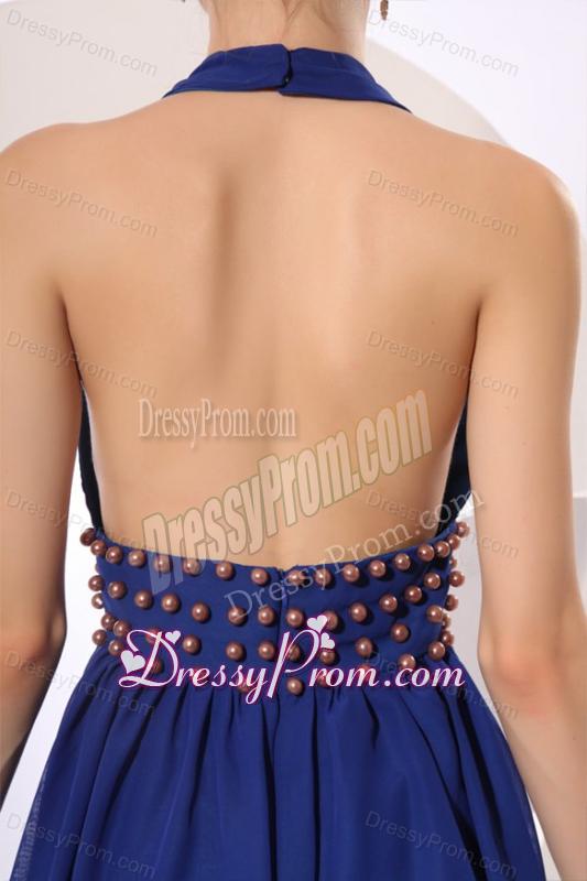 Royal Blue Halter Top Knee-length Prom Dress with Beading