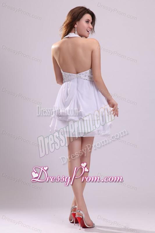 Sexy Beaded Halter Top Prom Dress in White Color