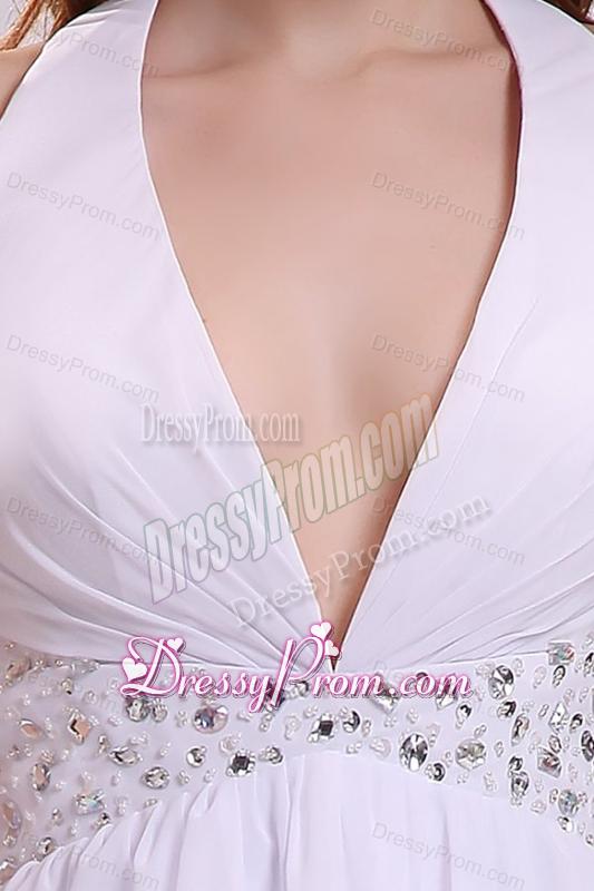 Sexy Beaded Halter Top Prom Dress in White Color