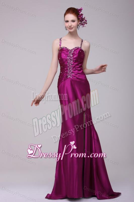 Sexy Column Straps Beading Elastic Woven Satin Brush Train Fuchsia Prom Dress with Criss C