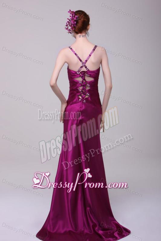 Sexy Column Straps Beading Elastic Woven Satin Brush Train Fuchsia Prom Dress with Criss C
