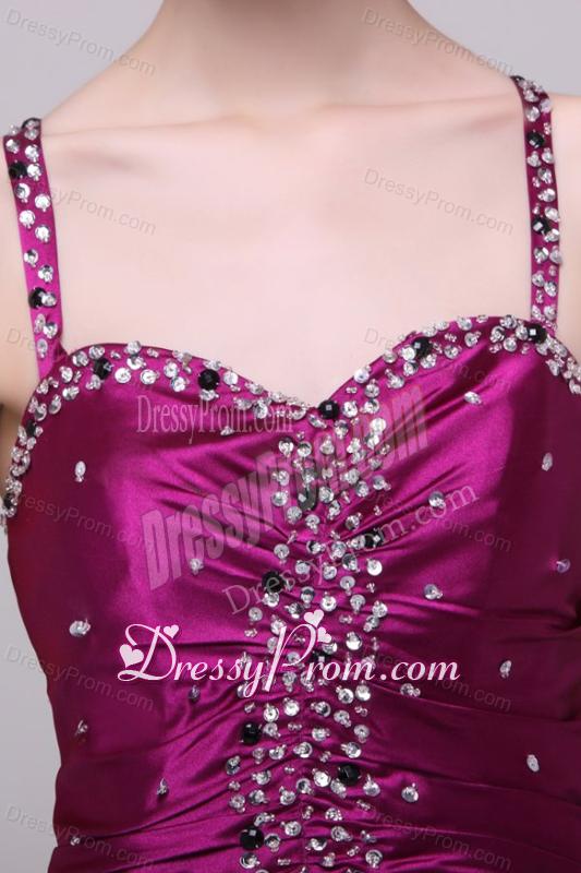 Sexy Column Straps Beading Elastic Woven Satin Brush Train Fuchsia Prom Dress with Criss C