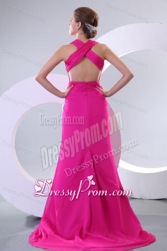 Sexy Fuchsia Column V-neck Criss-cross Prom Dress with Ruche
