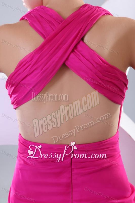 Sexy Fuchsia Column V-neck Criss-cross Prom Dress with Ruche