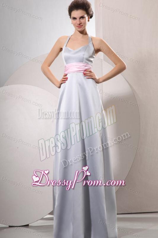 Silver Empire Halter Top Prom Dress with Baby Pink Belt