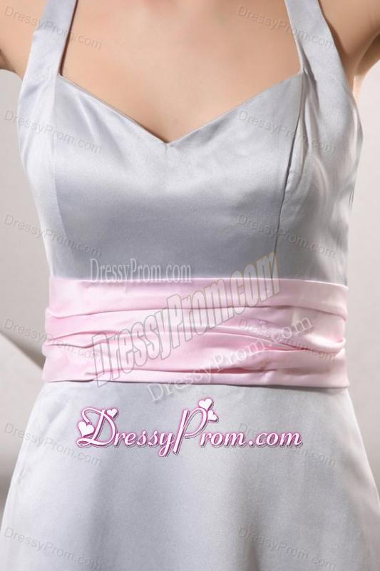 Silver Empire Halter Top Prom Dress with Baby Pink Belt