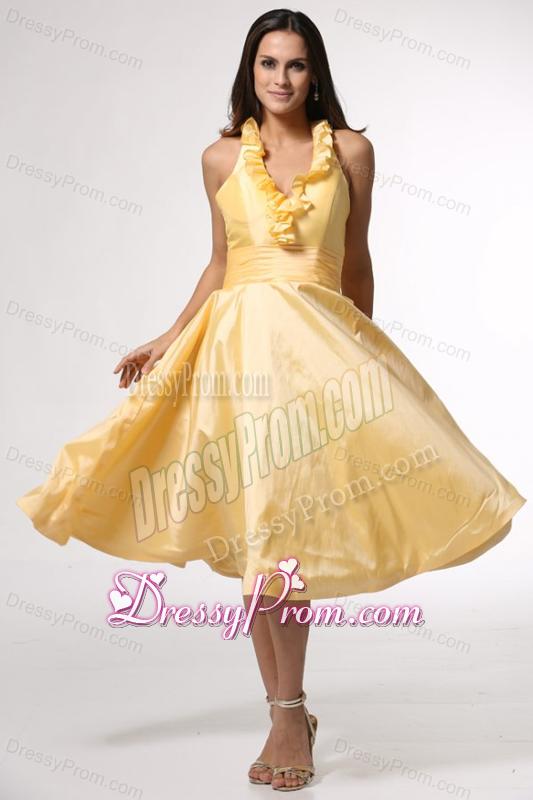 Simple Halter Top Ruffles Yellow Prom Dress Tea-length